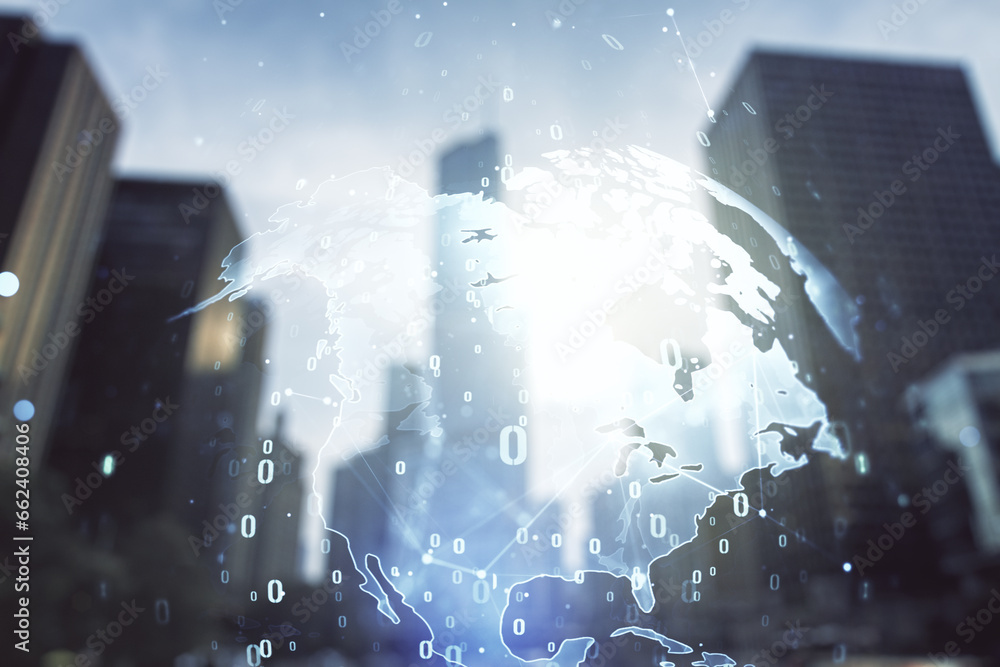Poster double exposure of abstract programming language hologram and world map on modern skyscrapers backgr