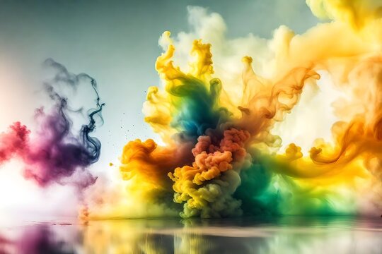 Colorful yellow rainbow smoke paint explosion,