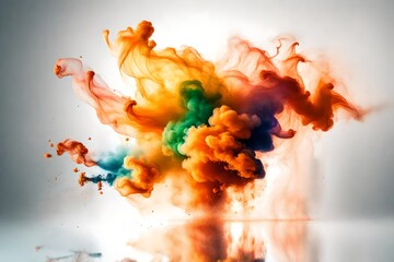 Colorful orange rainbow smoke paint explosion.