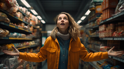 Young woman in supermarket, amazed and surprised expression with spread arms and open mouth about increase in food prices