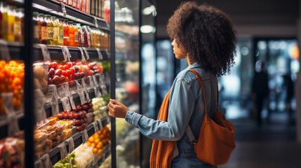 African woman choosing groceries in supermarket, deciding what to buy - obrazy, fototapety, plakaty