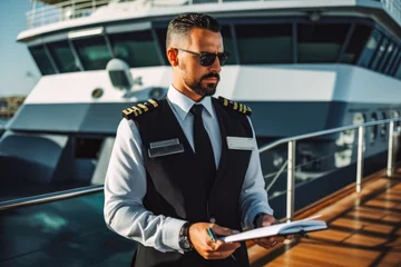 Foto op Canvas Duty officer handle of a ship navigation. Young confident attractive captain on a ship portrait. Bridge and navigational equipment on container ship © VisualProduction