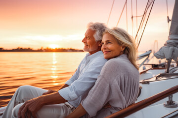 Enjoying luxury life. Beautiful senior couple enjoying cruise vacation on a sunny day. Retired couple on a yacht sailboat.