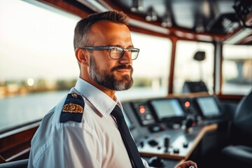 Duty officer handle of a ship navigation. Young confident attractive captain on a ship portrait. Bridge and navigational equipment on container ship - obrazy, fototapety, plakaty