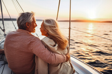 Enjoying luxury life. Beautiful senior couple enjoying cruise vacation on a sunny day. Retired...