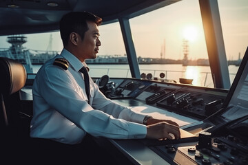 Duty officer handle of a ship navigation. Young confident attractive captain on a ship portrait. Bridge and navigational equipment on container ship