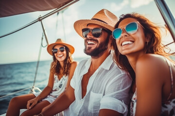 Group of caucasian people on a luxury sail boat. Caucasian group of friends enjoying luxury vacation on a yacht. Friends having a party on a boat.