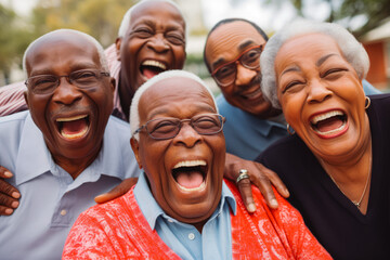 Group of senior african american friends embracing and posing for the camera. Happy retired friends enjoying life and laughing together. - obrazy, fototapety, plakaty