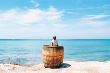 Fototapeta na wymiar Happy child sitting on old barrel against the sea and sky. Youth and carefree life concept. Enjoying summer as a child. Happy child on vacation.