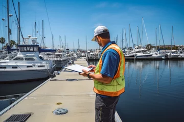 Fotobehang Harbor master supervisor doing survey and inspection the the ships and logistics. Person in reflective vest standing on dock, doing inspection. © VisualProduction