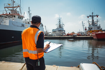 Harbor master supervisor doing survey and inspection the the ships and logistics. Person in reflective vest standing on dock, doing inspection. - obrazy, fototapety, plakaty