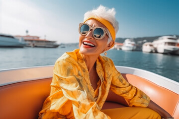 Lifestyle portrait of stylish eccentric elderly woman on sailboat in the summer. Rich luxury vacation concept. Elderly woman enjoying summer.