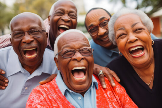 Group Of Senior African American Friends Embracing And Posing For The Camera. Happy Retired Friends Enjoying Life And Laughing Together.