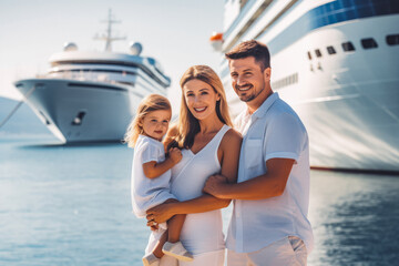 Sea cruises family on board. Family taking a luxury vacation on a cruise ship in the Caribbean. Happy rich family portrait on a big cruise ship. - obrazy, fototapety, plakaty