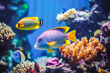 Tropical sea underwater fishes on coral reef. Beautiful marine sea life and exotic fishes in the aquarium. Wildlife in the ocean coral reef. - obrazy, fototapety, plakaty