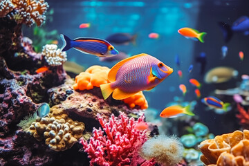 Tropical sea underwater fishes on coral reef. Beautiful marine sea life and exotic fishes in the aquarium. Wildlife in the ocean coral reef. - obrazy, fototapety, plakaty