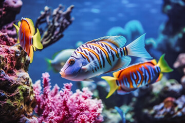 Tropical sea underwater fishes on coral reef. Beautiful marine sea life and exotic fishes in the aquarium. Wildlife in the ocean coral reef.