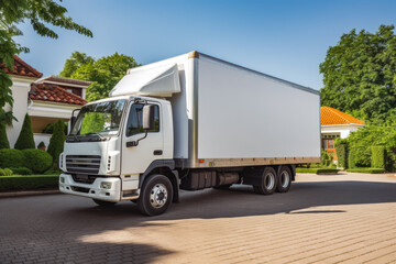 Truck delivery. Packages being delivered with a big truck. Cardboard boxes in a delivery van or truck. Post and transportation concept.