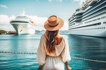 Woman tourist standing in front of a big cruise ship. Beautiful young woman in a white dress looking at a cruise ship, waiting for vacation. - obrazy, fototapety, plakaty
