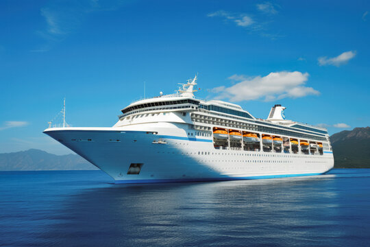 Sea cruises. Big luxury cruise ship photographed from the side. Tropical vacation on the cruise ship with luxury.