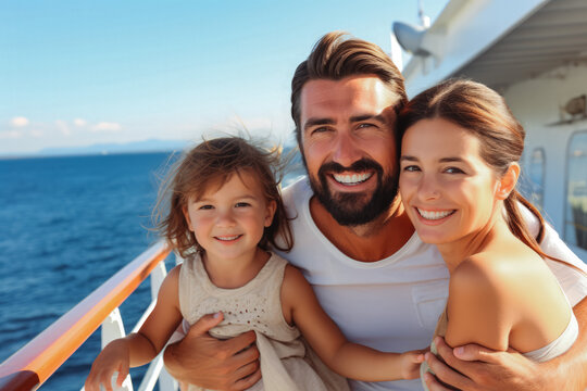Sea cruises family on board. Family taking a luxury vacation on a cruise ship in the Caribbean. Happy rich family portrait on a big cruise ship.