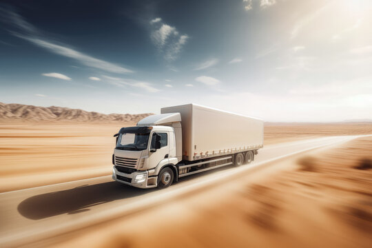 White truck driving in desert motion blur. Fast truck driving through the sandy desert with a cloud of sand behind it.