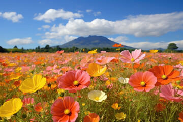 Colorful cosmos Wildflowers with Mountain Backdrop