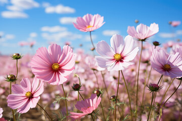 Fototapeta premium Vibrant pink and white cosmos flowers blooming in a sunny field under a clear blue sky.