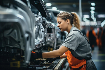 Young female worker working in a production line of modern car manufacturing factory, engineer working with high - tech machinery - obrazy, fototapety, plakaty