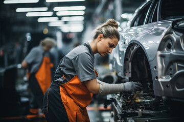 Young female worker working in a production line of modern car manufacturing factory, engineer working with high - tech machinery