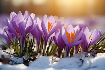  Snowy crocus blossoms in spring sunlight