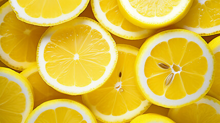 Close-up lemon slices background, cut yellow lemons