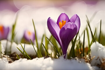 Violet Crocuses blooming on the snow