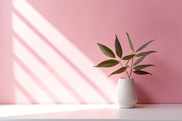 White vase with green plant near pink wall with shadow