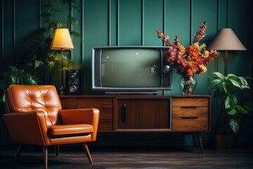 Old retro TV in living room 