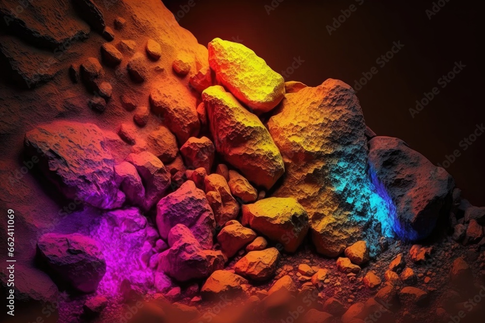 Poster abstract background with many stones illuminated with different colors