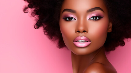 Beautiful black skin woman with pink lips, fashion make up eyeshadow, on pink background - obrazy, fototapety, plakaty