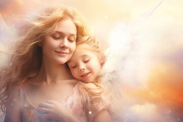 Beautiful portrait of a smiling mother and child daughter on the heavenly sky background. Copy space for the text. 