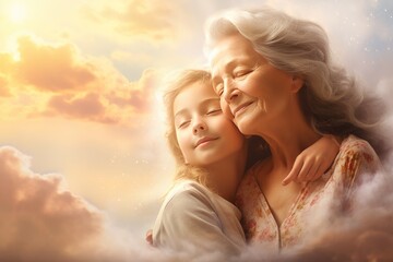  Loving grandmother and a granddaughter hugging on the heavenly sky background. Copy space for your text. 