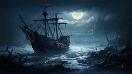 Haunted Shipwreck On A Shoreline - Halloween - obrazy, fototapety, plakaty