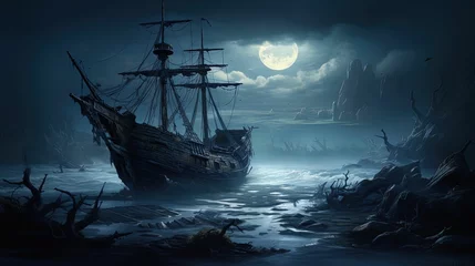 Foto auf Acrylglas Schiffswrack Haunted Shipwreck On A Shoreline - Halloween