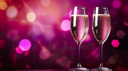 Champagne glasses sparkle like ephemeral stars on New Year's Eve. Champagne glasses on magenta background for celebration and festivity in a toast.