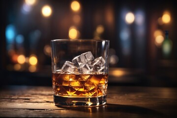 a glass of whiskey soda with ice cubes on a wooden background. ai generative