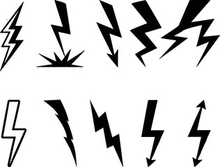 Set of thunderbolt and lightning black icons. Vector simple icons in flat style. Lightning silhouettes isolated on white background.