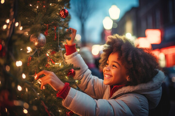Happy portrait Afro American kid on the street in christmas