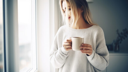 beautiful young woman in pajamas holds a cup of coffee or tea against the background of the bedroom, morning at home, girl, breakfast, weekend, cozy interior, daylight, pastel colors, smiling