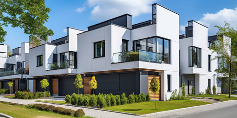 Modern modular private white townhouses. Minimalist residential architecture exterior. - obrazy, fototapety, plakaty