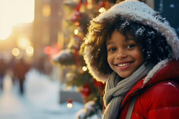 Happy portrait African-American curly kid  on the street at Christmas time