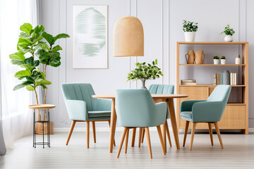 Round wooden dining table and blue chairs. Scandinavian, mid-century home interior design of modern dining room.