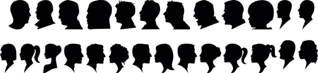 faceless black female, male icons set. Women, men, girls, guys, boys silhouette with different hairdo styles. Member heads and shoulders. Vector collection isolated on white for web, apps.